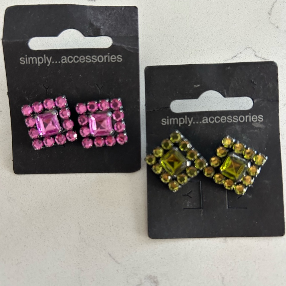 Pink and Green Rhinestone Square Stud Earrings - Set of 2